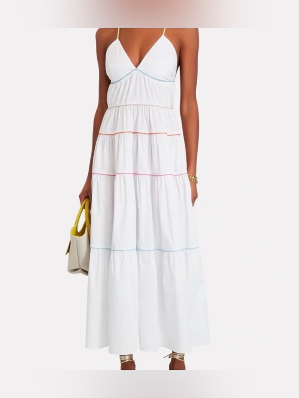 STAUD Cleo Tiered‎ Poplin Midi Dress White Size Small *Spots*